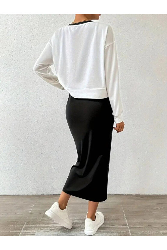 Kadın Askılı Yuvarlak Yaka Viskon Iki Iplik Elbise Ve V Yakalı Bluz Ikili Takım