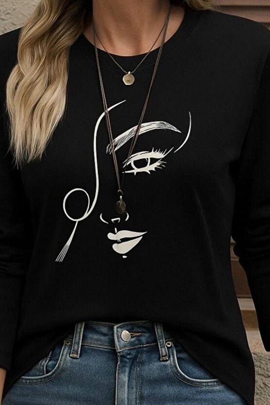 Kadın Uzun Kollu Bisiklet Yaka Yüz Desenli Viskon Bluz