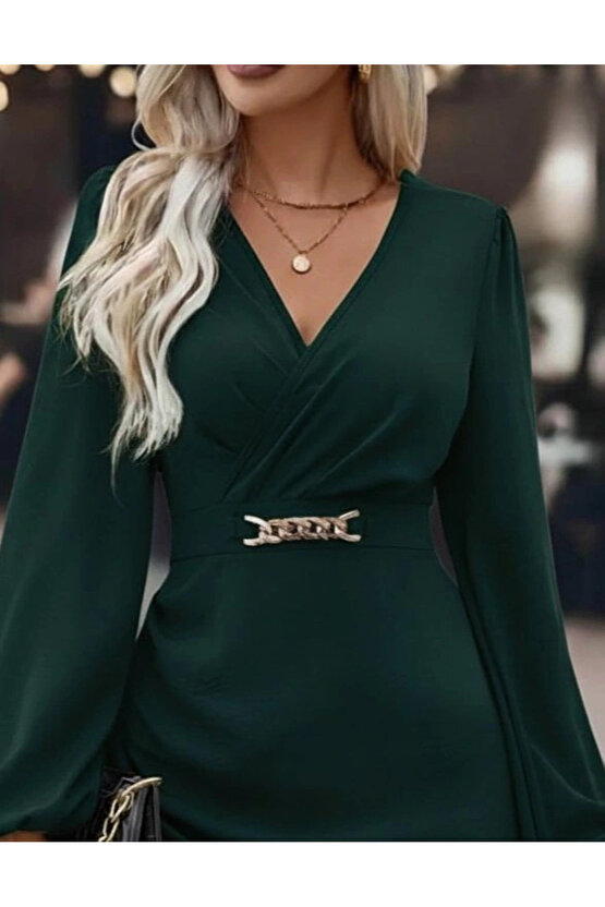 Kadın Uzun Kollu Kruvaze Yaka Yandan Büzgülü Asimetrik Detaylı Ithal Krep Mini Elbise