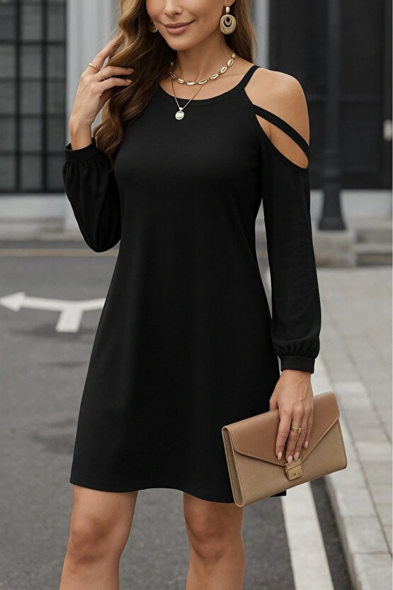 Kadın Uzun Kollu Omuz Açık Askı Detay Viskon Mini Boy Elbise
