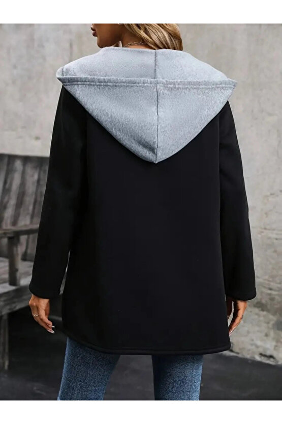 Kadın Uzun Kollu Kapşonlu çift Renkli şardonlu Iki Iplik Ceket