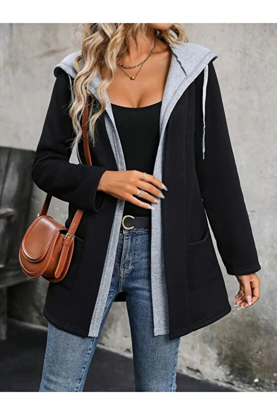 Kadın Uzun Kollu Kapşonlu çift Renkli şardonlu Iki Iplik Ceket