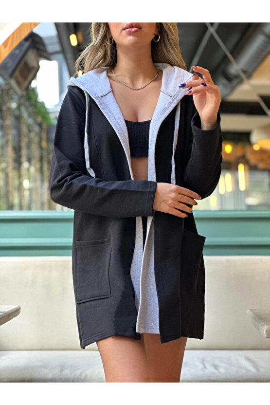 Kadın Uzun Kollu Kapşonlu çift Renkli şardonlu Iki Iplik Ceket