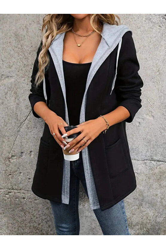 Kadın Uzun Kollu Kapşonlu çift Renkli şardonlu Iki Iplik Ceket