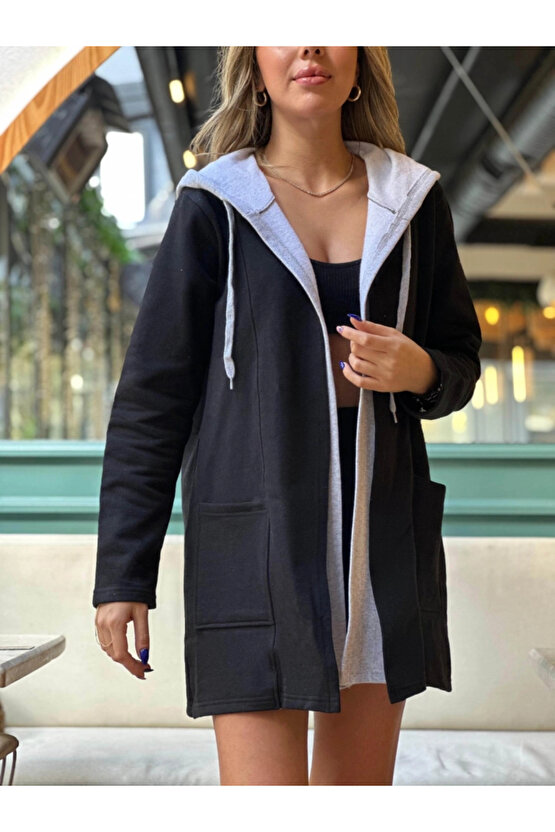 Kadın Uzun Kollu Kapşonlu çift Renkli şardonlu Iki Iplik Ceket