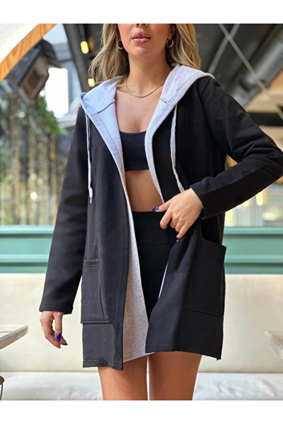 Kadın Uzun Kollu Kapşonlu çift Renkli şardonlu Iki Iplik Ceket