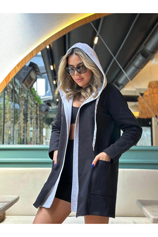 Kadın Uzun Kollu Kapşonlu çift Renkli şardonlu Iki Iplik Ceket