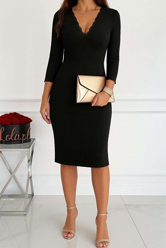 Kadın Fakir Kollu V Yakalı Dantel Detaylı Midi Janjan Krep Elbise