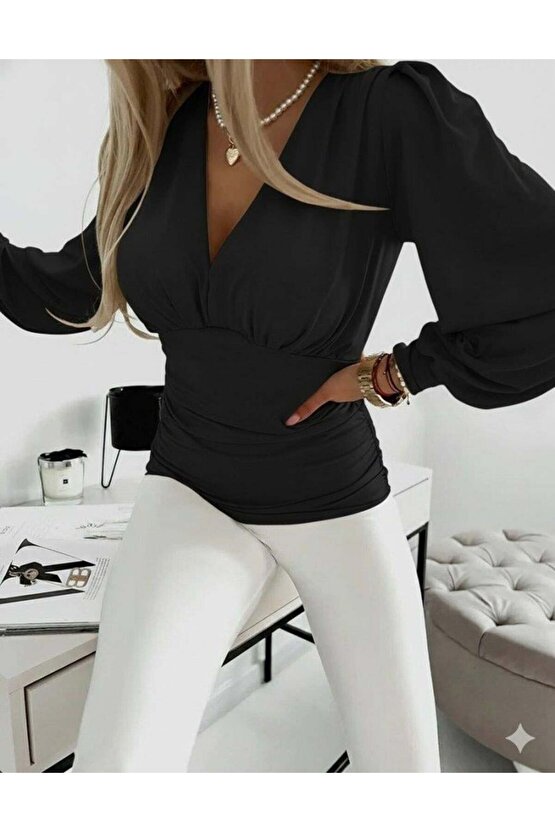 Kadın Uzun Kollu Derin V Yakalı önden Büzgülü Sandy Bluz