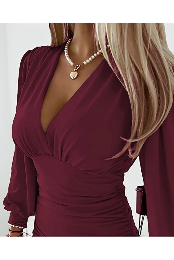 Kadın Uzun Kollu Derin V Yakalı önden Büzgülü Sandy Bluz