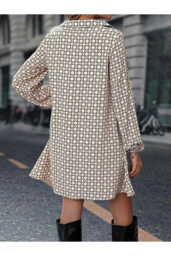 Kadın Uzun Kollu Yakalı Desenli Mini Modal Elbise