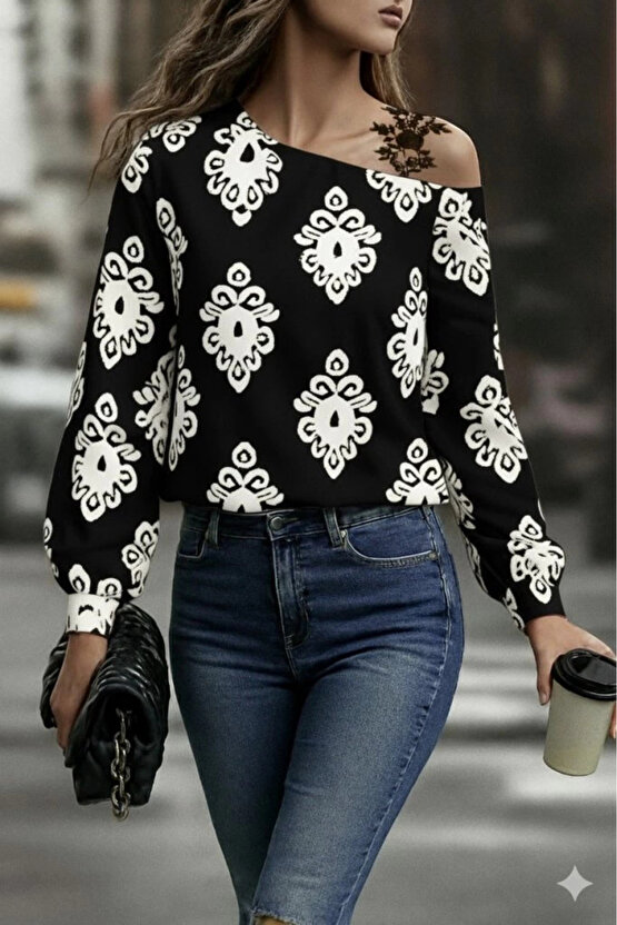 Kadın Askılı Uzun Kollu Omuzlardan Açık Desenli Mosskrep Bluz