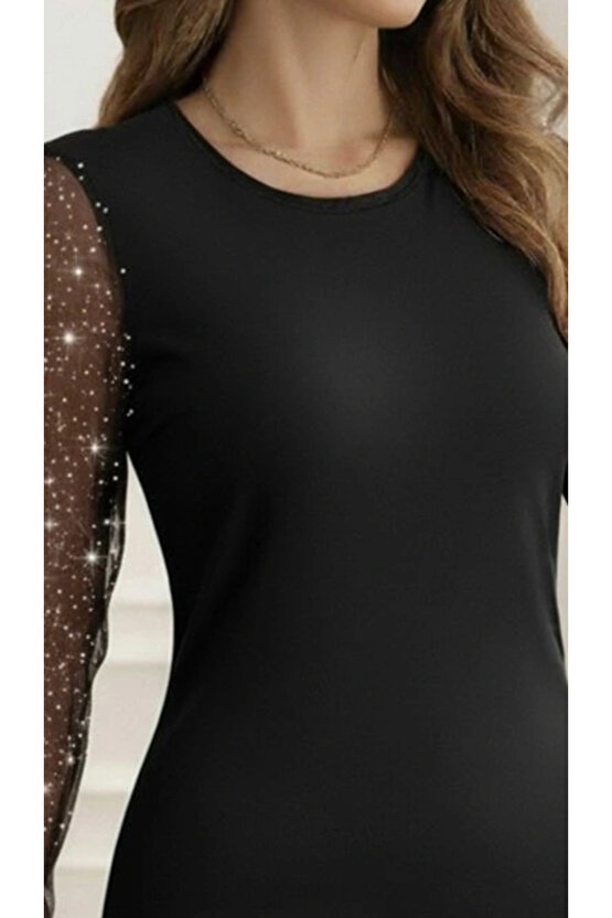 Kadın Bisiklet Yaka Kol Tül Detay Dalgıç Mini Boy Elbise