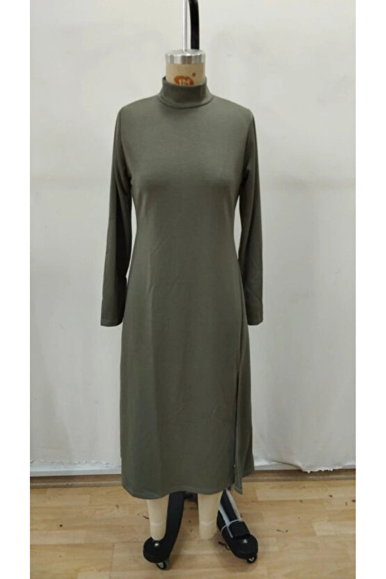 Kadın Uzun Kollu Balıkçı Yaka Derin Yırtmaç Detay Krep Elbise