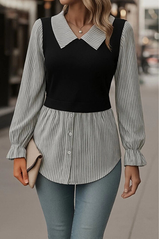 Kadın Uzun Kollu Yakalı önden Düğmeli Ottoman Bluz