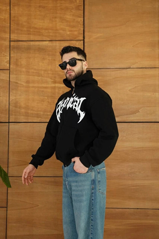 Erkek Kapüşonlu Sweatshirt Hoodie 3 İplik Şardonlu Pamuklu Kumaş, Önü Baskılı, Fermuarlı Rahat Kalı