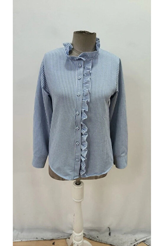 Kadın Uzun Kollu Fırfır Yakalı önden Düğmeli çizgili Burgu Gömlek