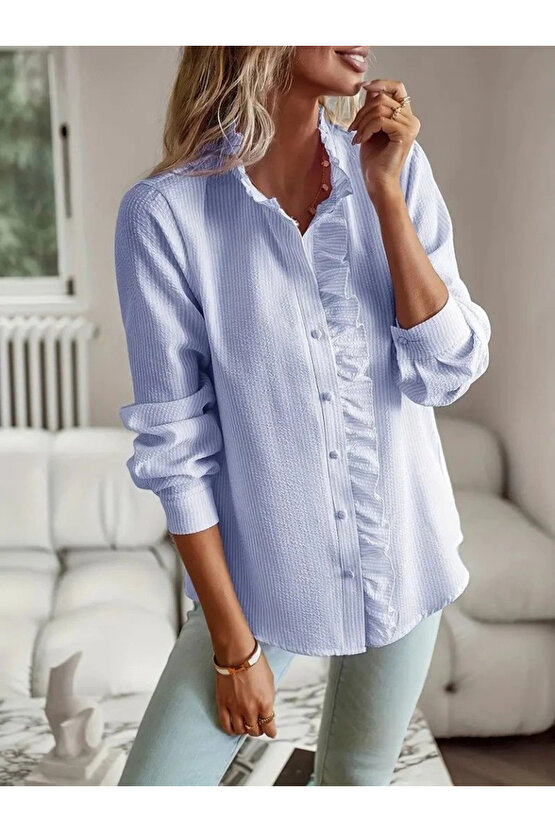 Kadın Uzun Kollu Fırfır Yakalı önden Düğmeli çizgili Burgu Gömlek