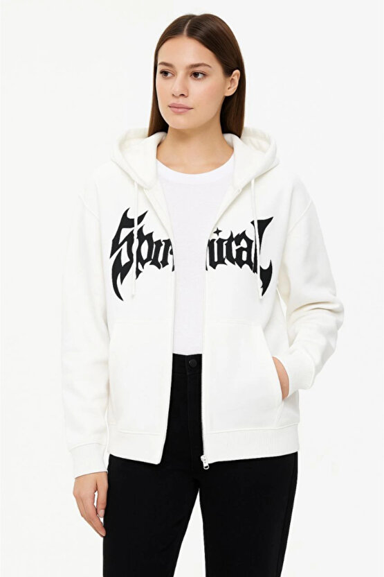 Oversize Kapüşonlu Sweatshirt Hoodie 3 İplik Şardonlu Pamuklu Kumaş, Önü Baskılı, Fermuarlı Rahat Ka