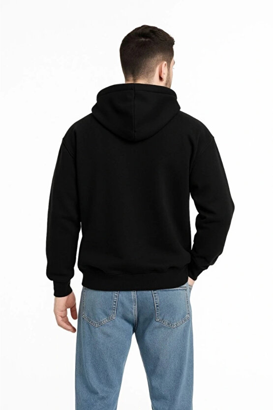 Erkek Kapüşonlu Sweatshirt Hoodie 3 İplik Şardonlu Pamuklu Kumaş, Önü Baskılı, Fermuarlı Rahat Kalı