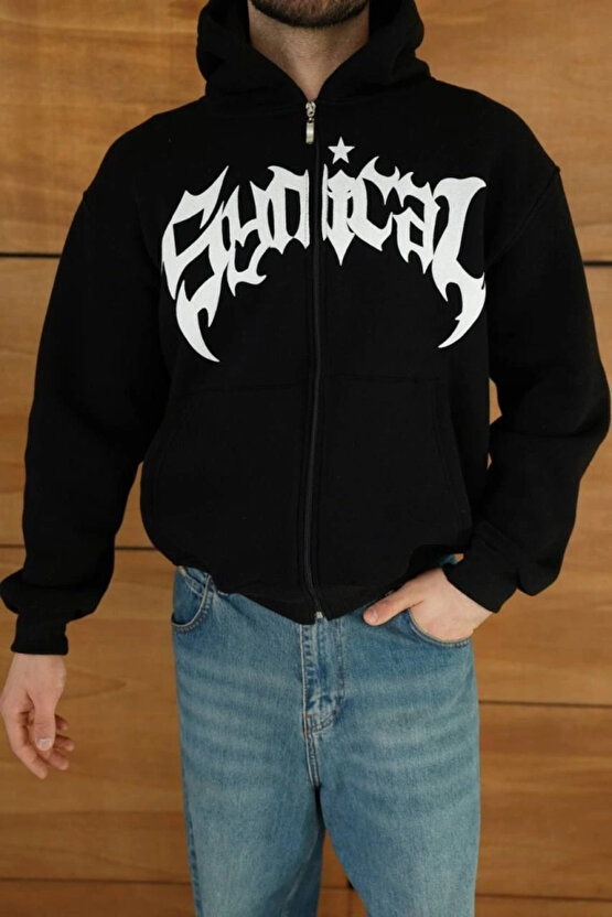 Erkek Kapüşonlu Sweatshirt Hoodie 3 İplik Şardonlu Pamuklu Kumaş, Önü Baskılı, Fermuarlı Rahat Kalı