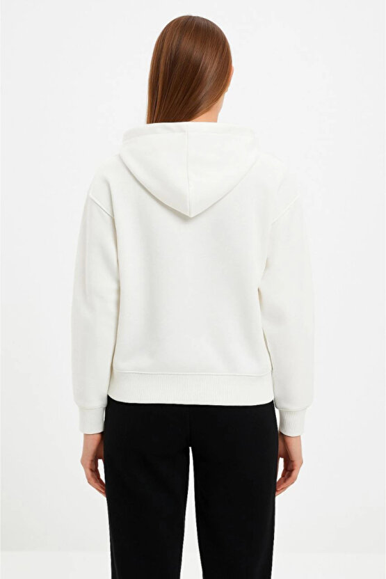 Oversize Kapüşonlu Sweatshirt Hoodie 3 İplik Şardonlu Pamuklu Kumaş, Önü Baskılı, Fermuarlı Rahat Ka