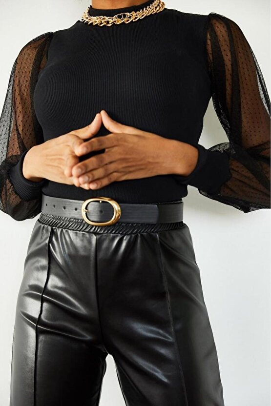 Kadın Siyah Kolu Tül Detaylı Yarım Balıkçı Kaşkorse Bluz 6160