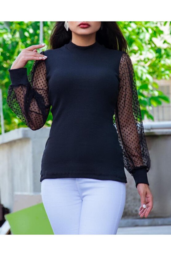 Kadın Siyah Kolu Tül Detaylı Yarım Balıkçı Kaşkorse Bluz 6160