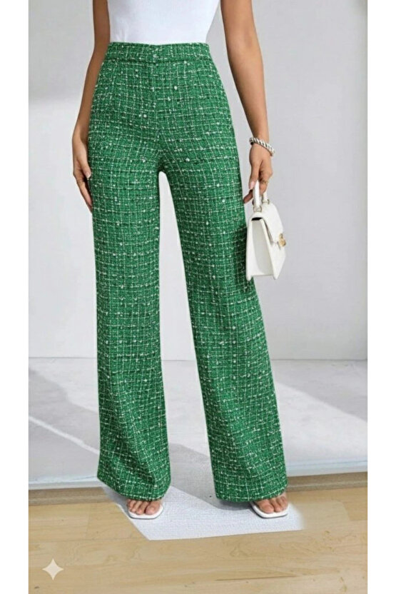 Kadın Yüksek Bel Paçaya Doğru Geniş Dokuma Pantolon