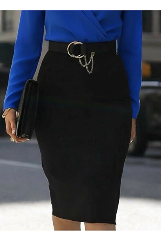 Kadın Uzun Kollu Kruvaze Yaka Janjan Krep Midi Elbise