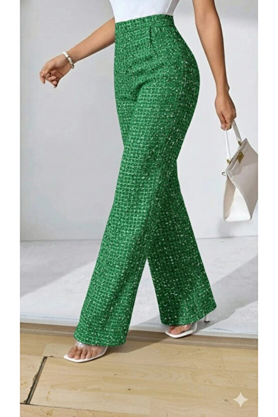 Kadın Yüksek Bel Paçaya Doğru Geniş Dokuma Pantolon