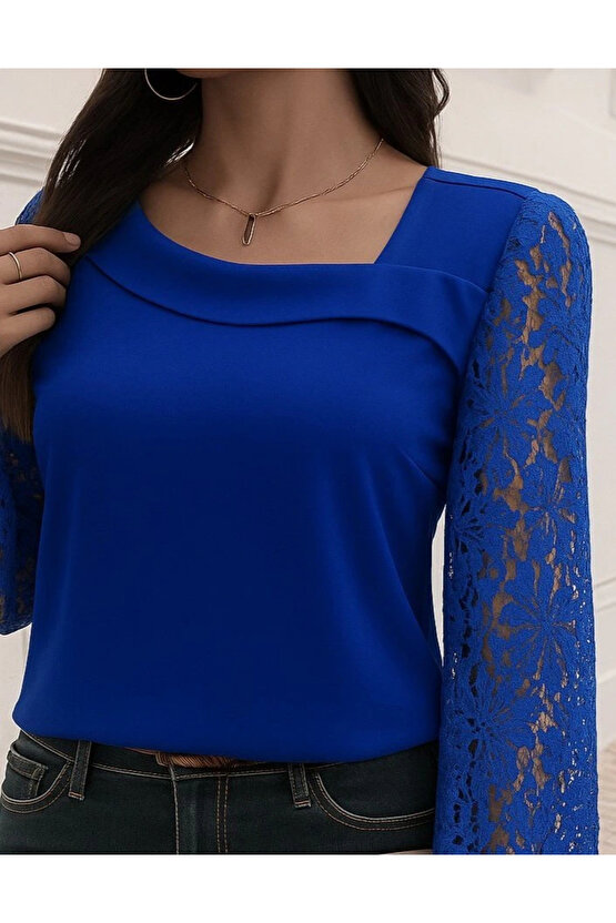 Kadın Uzun Kollu Asimetrik Yakalı Dantelli Ithal Krep Bluz
