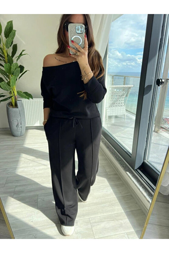 MDB Kadın Uzun Kollu Tek Omuzdan Açık Modal Bluz Ve Pantolon Ikili Takım