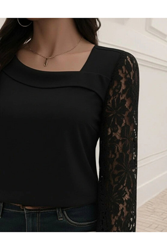 MDB Kadın Uzun Kollu Asimetrik Yakalı Dantelli Ithal Krep Bluz