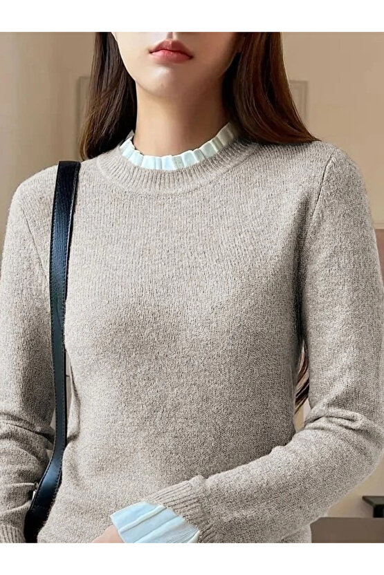 Kadın Uzun Kollu Fırfırlı Yakalı Triko Krem Bluz