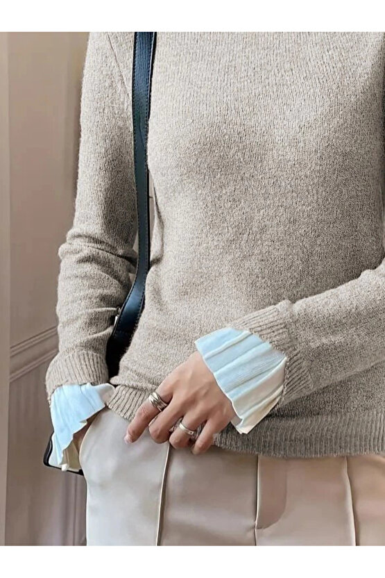 Kadın Uzun Kollu Fırfırlı Yakalı Triko Krem Bluz