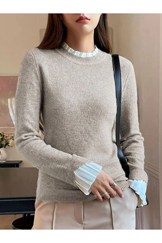 Kadın Uzun Kollu Fırfırlı Yakalı Triko Krem Bluz