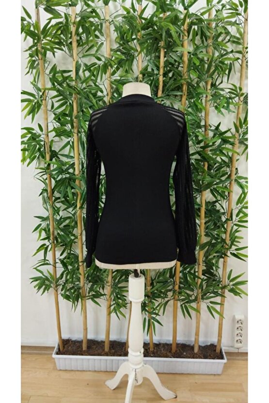 Kadın Uzun Kollu Tül Detaylı Bisiklet Yakalı Kaşkorse Bluz