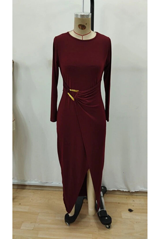 Kadın Uzun Kollu önden çapraz Detaylı Yandan Toka Detaylı Uzun Sandy Elbise