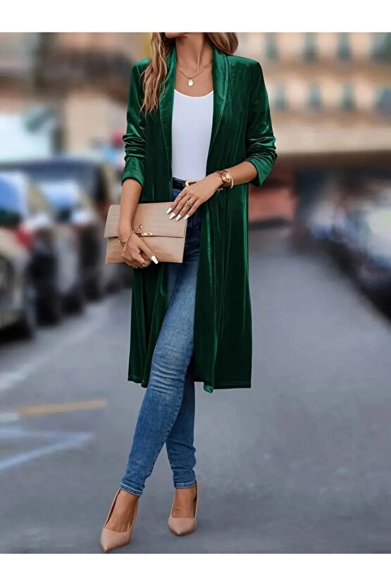 Kadın Uzun Kollu önü Açık Kolları Uzun Midi Ceket