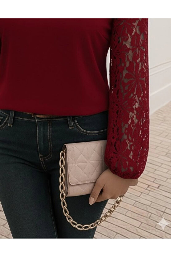 Kadın Uzun Kollu Asimetrik Yakalı Dantelli Ithal Krep Bluz