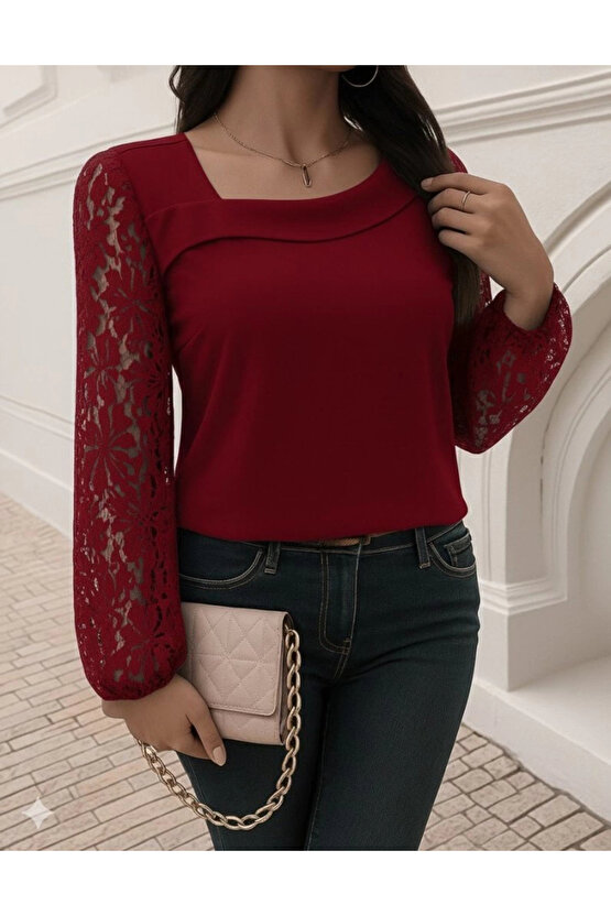Kadın Uzun Kollu Asimetrik Yakalı Dantelli Ithal Krep Bluz
