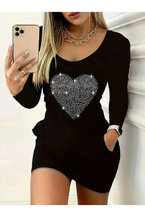 Kadın Uzun Kollu Yuvarlak Yaka Taşlı Kalp Desenli Viskon Iki Iplik Elbise