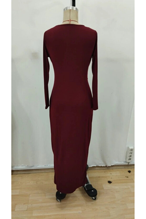 Kadın Uzun Kollu önden çapraz Detaylı Yandan Toka Detaylı Uzun Sandy Elbise