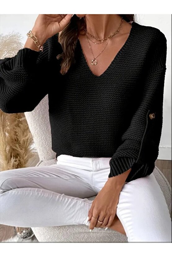 Kadın Uzun Kollu V Yakalı Düğmeli Triko Bluz