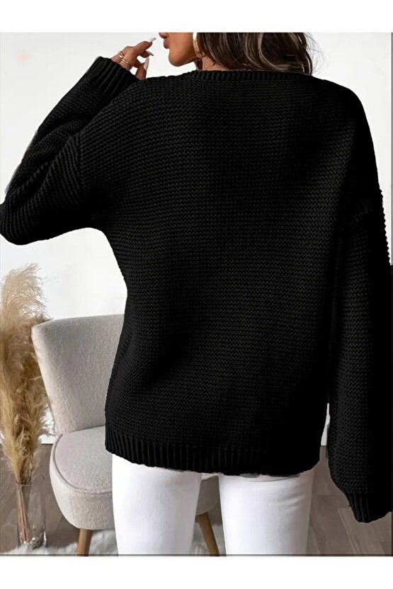 Kadın Uzun Kollu V Yakalı Düğmeli Triko Bluz