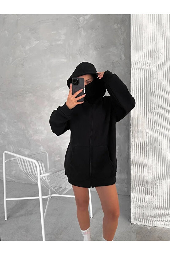Kadın Samuray Ninja Çift Kapüşonlu Maske Detaylı Fermuarlı Kanguru Cepli Hoodie - Siyah