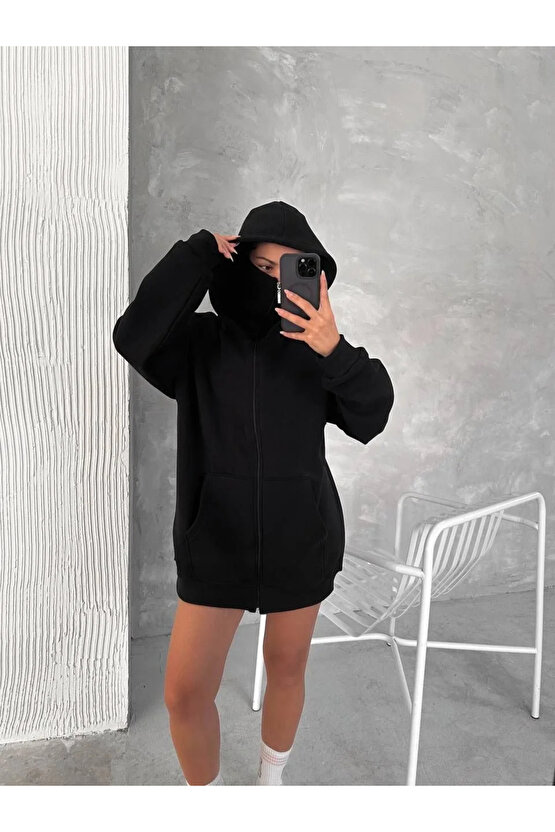 Kadın Samuray Ninja Çift Kapüşonlu Maske Detaylı Fermuarlı Kanguru Cepli Hoodie - Siyah