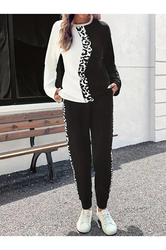 Kadın Uzun Kollu Bisiklet Yaka çift Renkli Viskon Iki Iplik Bluz Ve Pantolon Ikili Takım