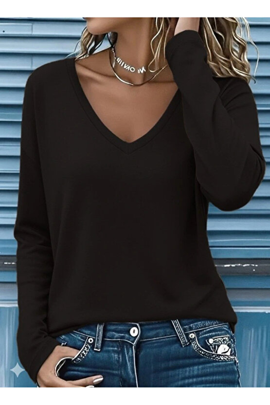 Kadın Uzun Kollu V Yakalı Viskon Iki Iplik Bluz
